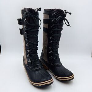 Sorel Conquest Carly II Boots Women Sz 9.5 Grey Leather Suede Lace Up Snow Duck